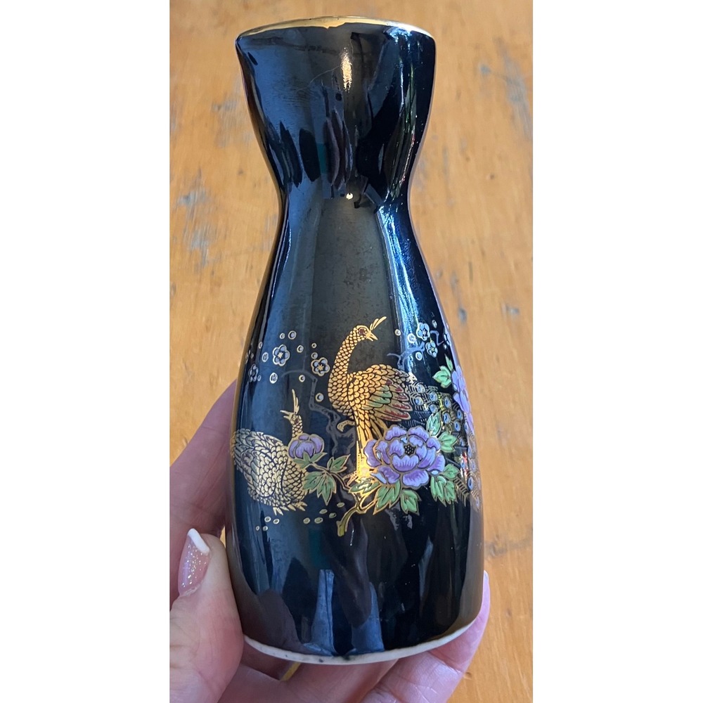 Pier 1 Imports Sake Carafe Black Gold Peacock Floral Made in Japan
